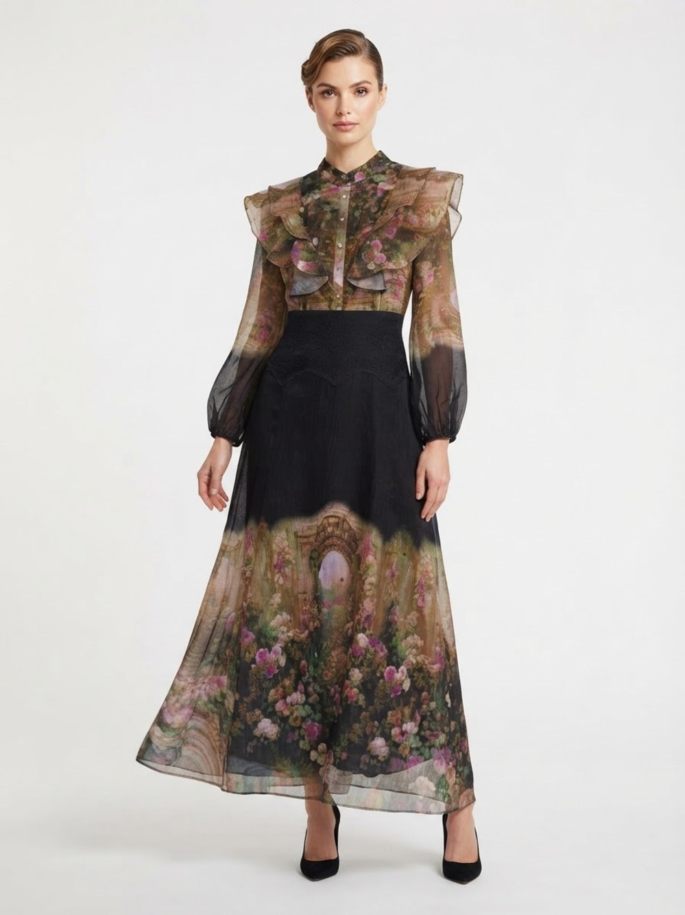 NWT Dalia MacPhee Black Multi Floral Garden Maxi Dress Ruffle Sleeve XL
